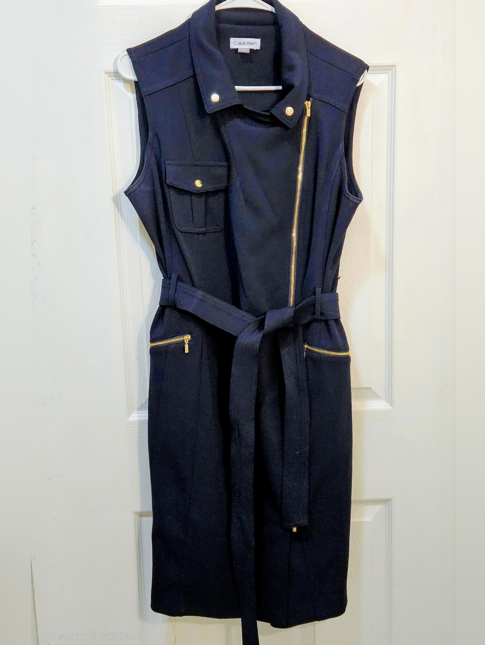 Calvin Klein Navy Sleeveless Belted Zip-Front Dress with Gold Hardware